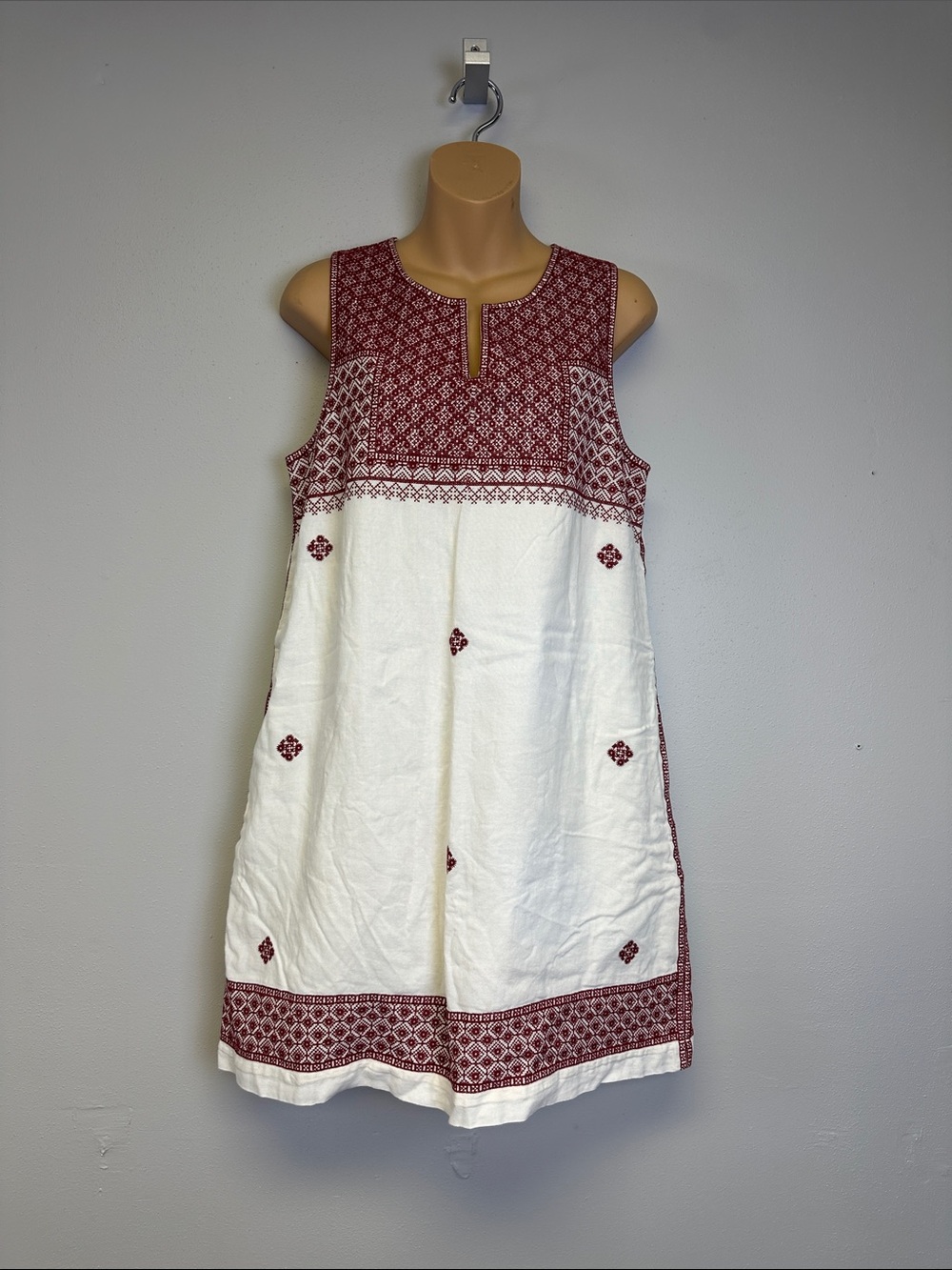 Madewell Stitch Mosaic Embroidered Shift Dress Cream Red Boho Mini